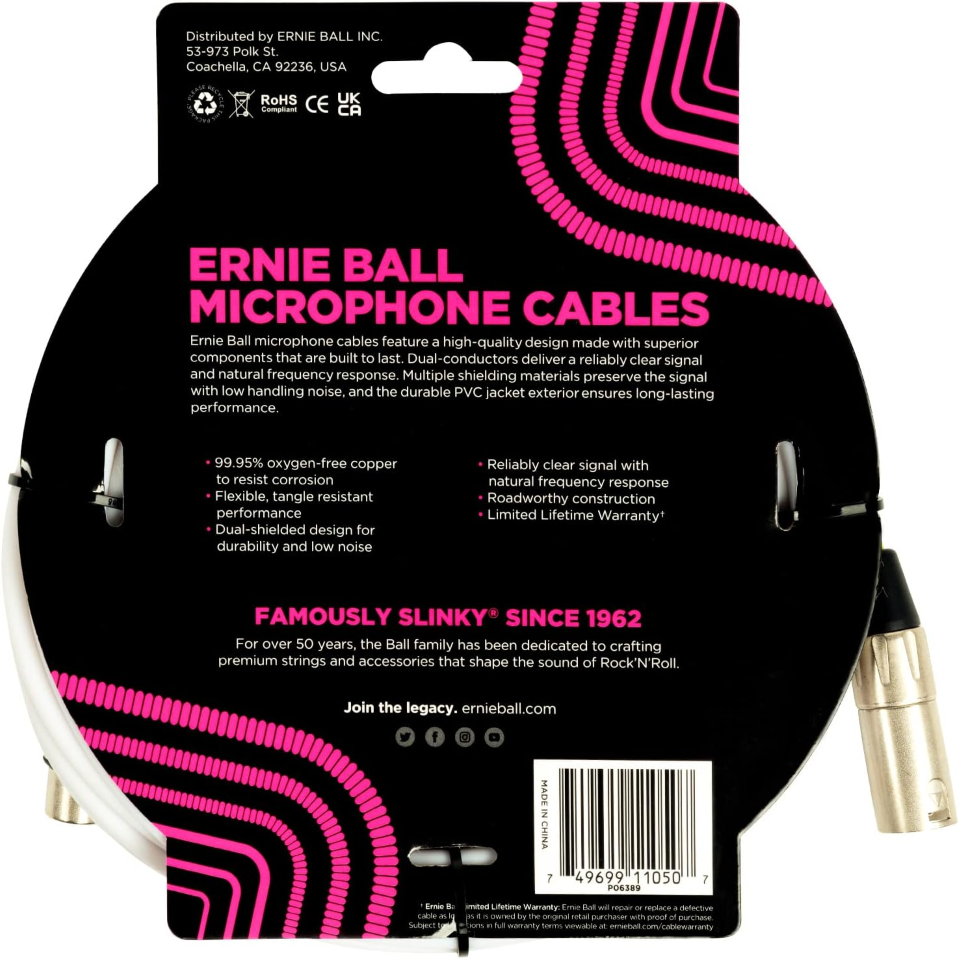 Ernie Ball 20ft Male Female XLR Microphone Cable in White
