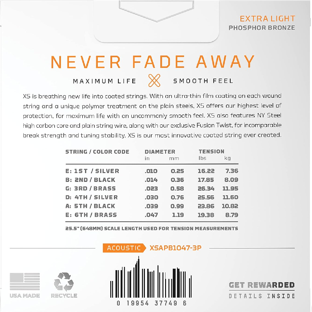 D'Addario XS Phosphor Bronze Extra Light Coated Acoustic Guitar Strings 3 Pack 10-47 Gauge