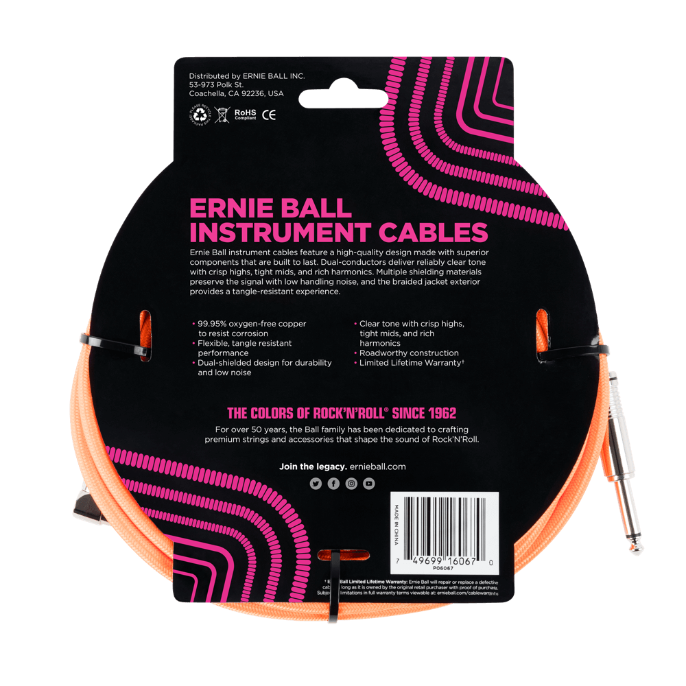 Ernie Ball Braided Straight to Angle Instrument Cable 25 foot in Neon Orange