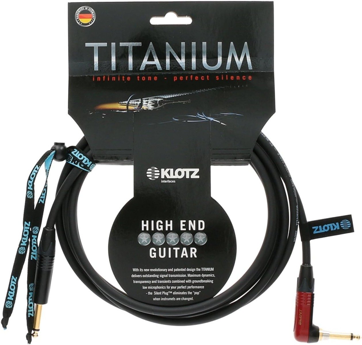 Klotz TIR0600PSP Titanium Guitar Cable 1/4 Inch Straight to Right Angle 20ft