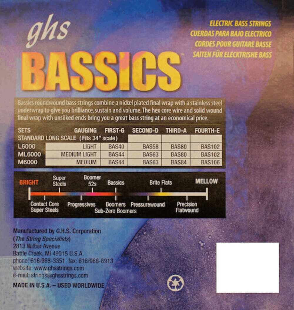 GHS ML6000 Bassics Bass Guitar Strings 44-102 Gauge