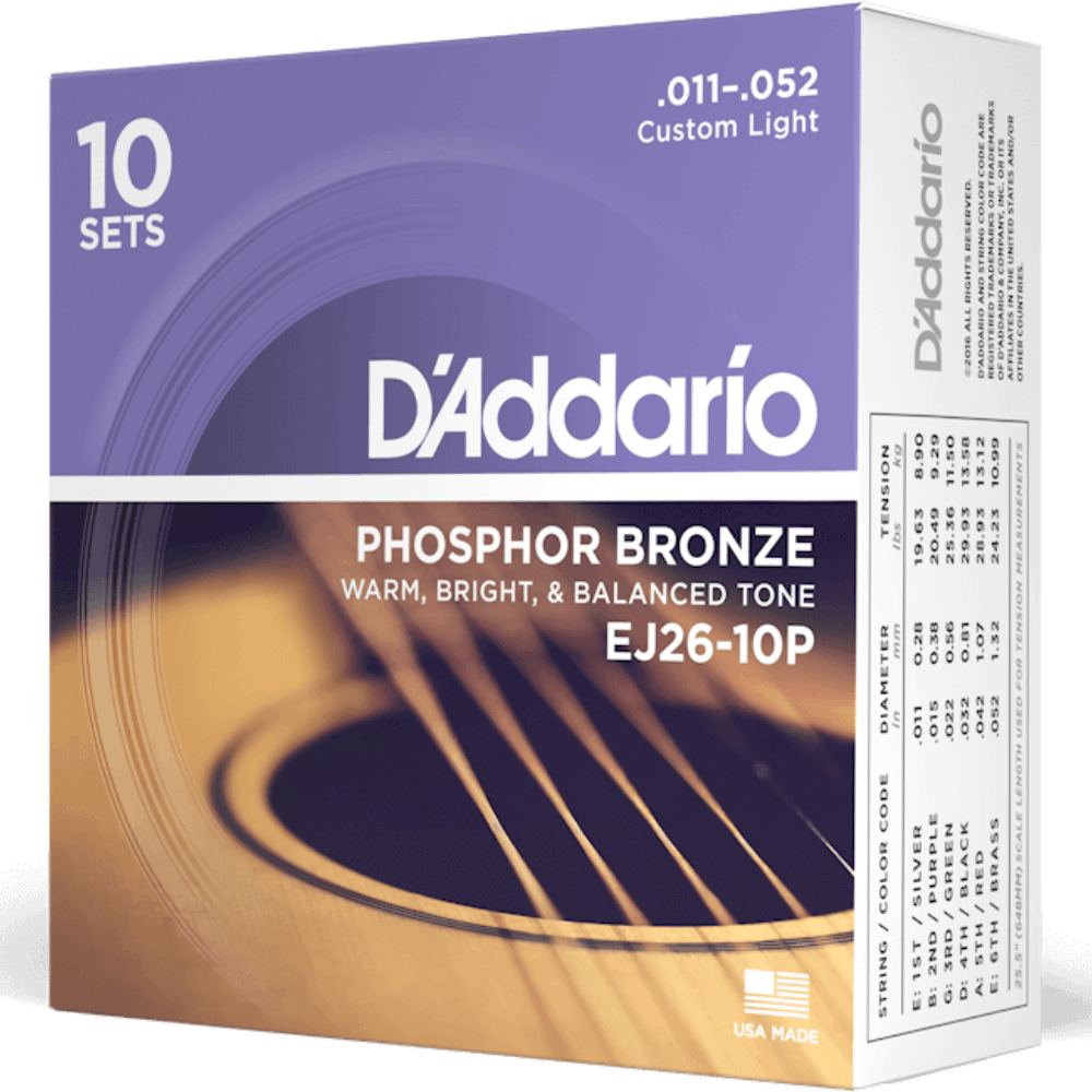 D'Addario EJ26 10P Phosphor Bronze 10 Sets Acoustic Guitar Strings Custom Light 11-52 Gauge