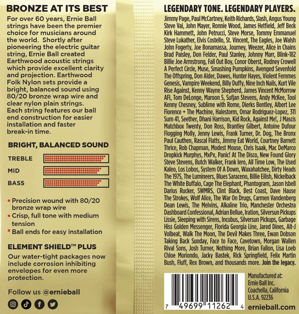 Ernie Ball Earthwood Folk Nylon Clear and Gold 80/20 Bronze Acoustic Guitar Strings 3 Pk 28-42 Gauge