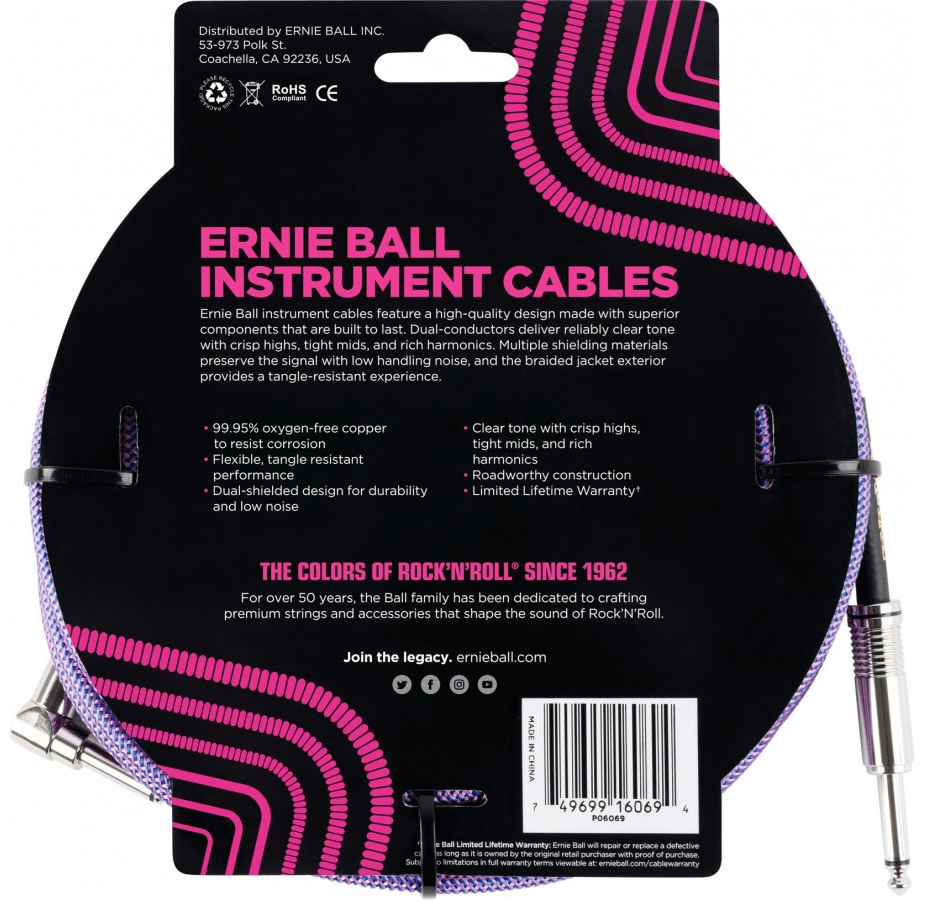 Ernie Ball Braided Straight to Angle Instrument Cable 25 foot in Purple Blue