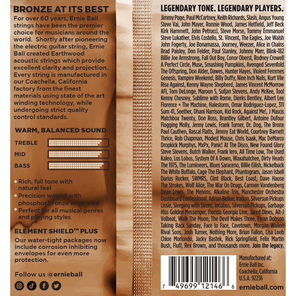 Ernie Ball Medium Light Earthwood Phosphor Bronze Acoustic Guitar Strings 12-54 Gauge