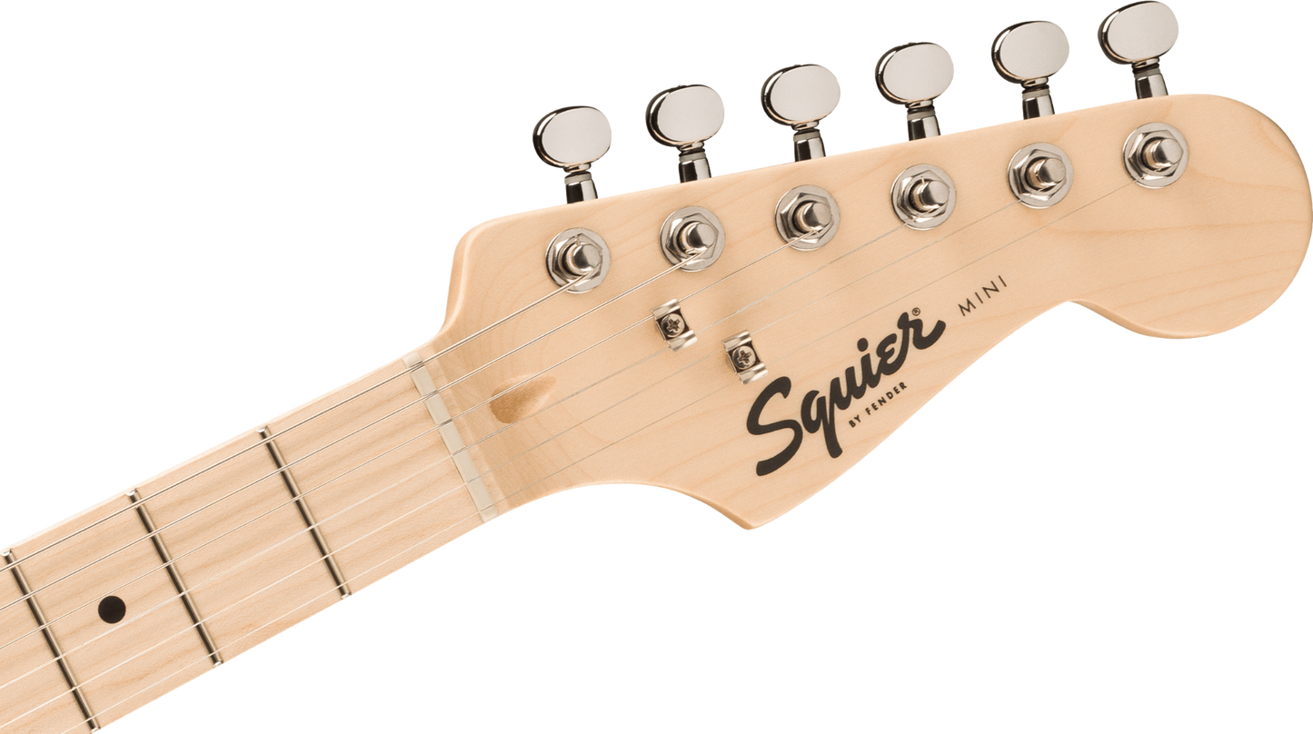 Squier FSR Mini Stratocaster, Maple Fingerboard, White Pickguard in Tahitian Coral