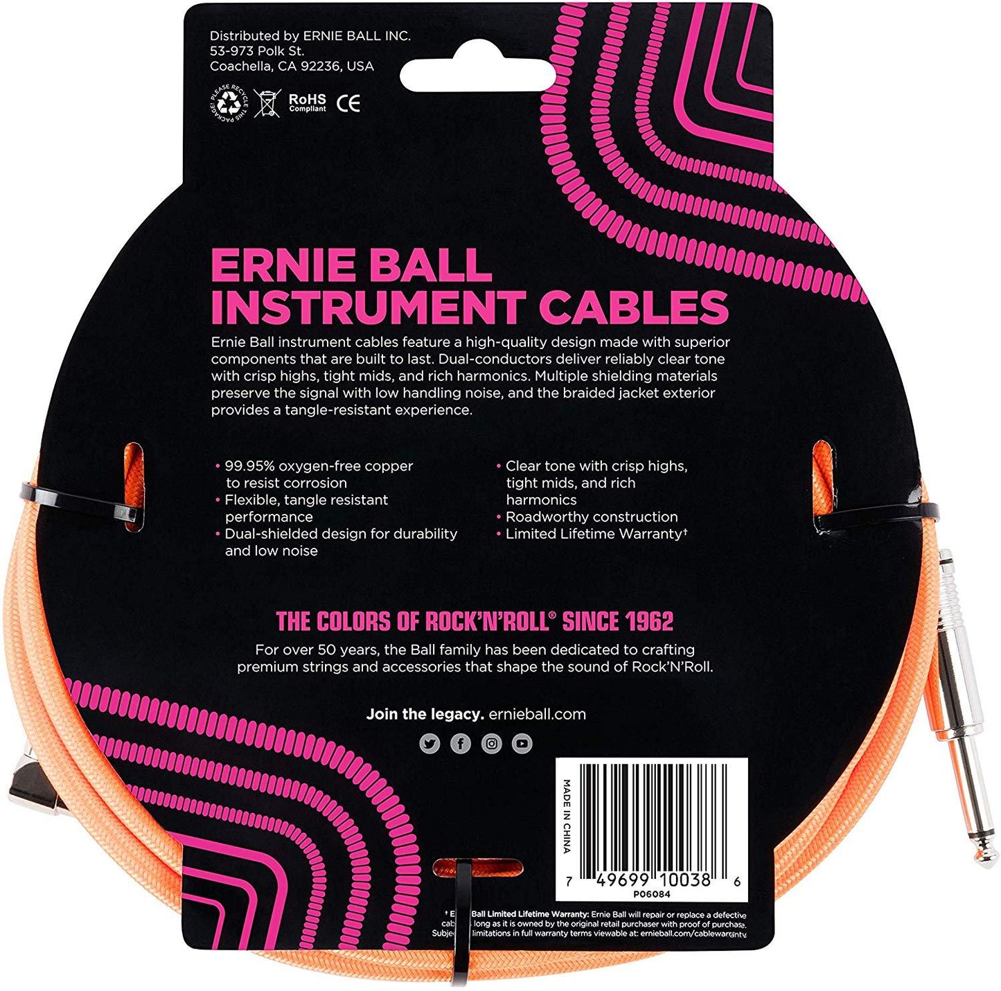 Ernie Ball Braided Straight to Angle Instrument Cable 18 foot in Neon Orange