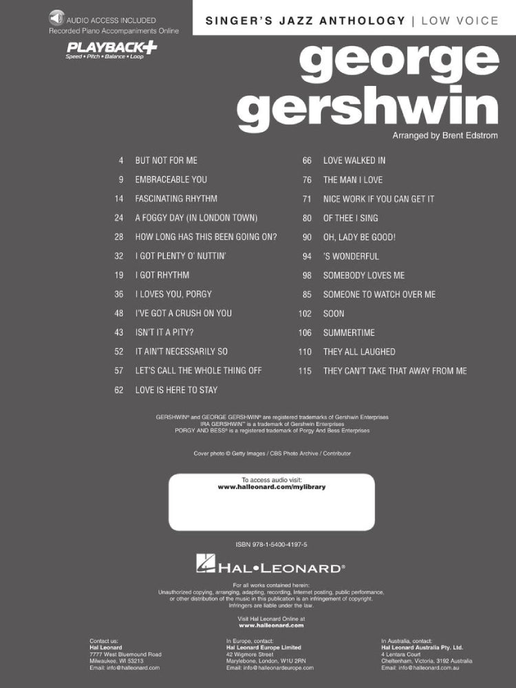 George Gershwin Singer's Jazz Anthology Low Voice BK/OLA