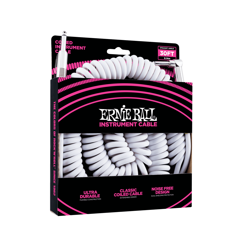Ernie Ball P06045 Coiled Straight to Right Angle Instrument Cable 30 foot in White