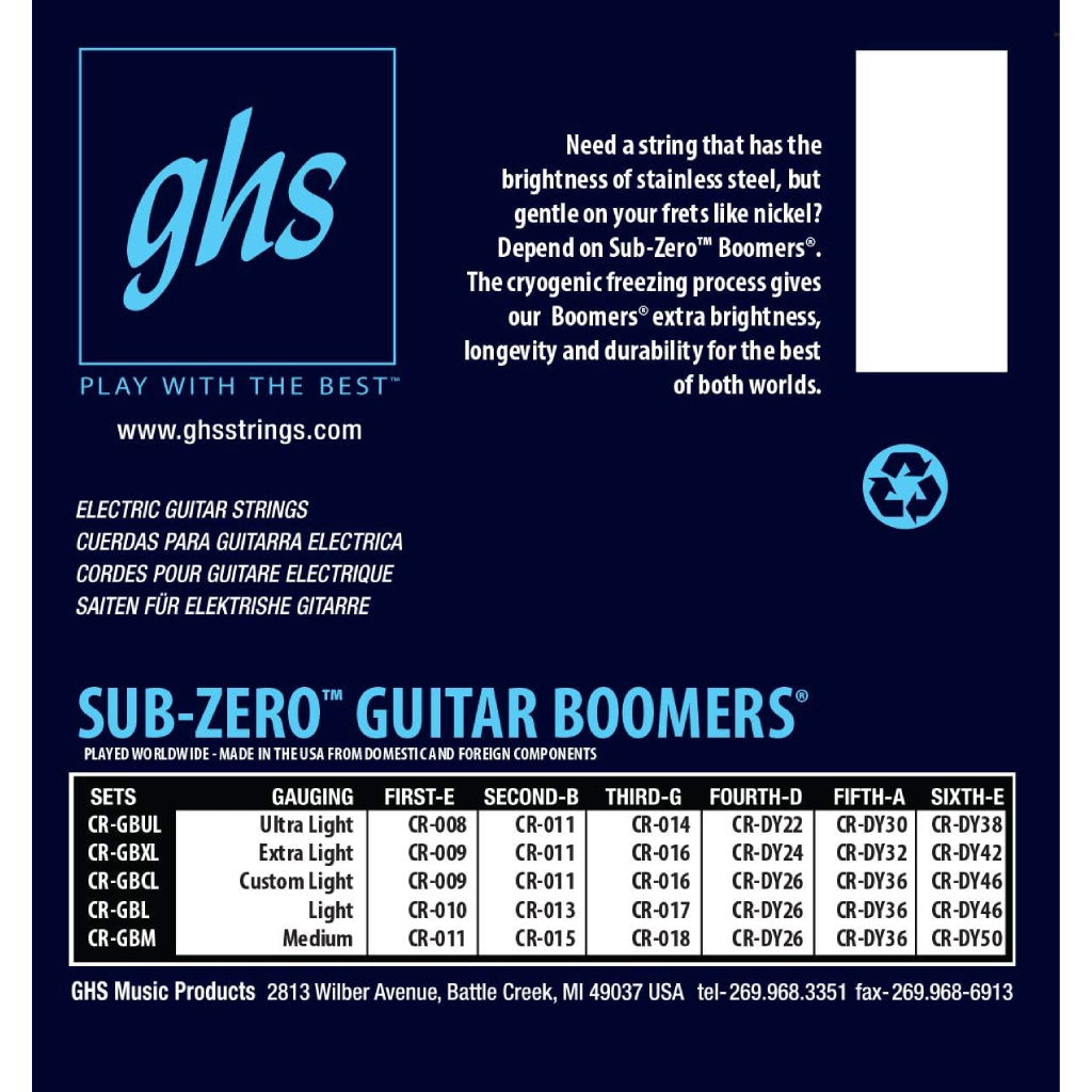 GHS CRGBXL Subzero Boomers Extra Light Electric Guitar Strings 9-42 Gauge