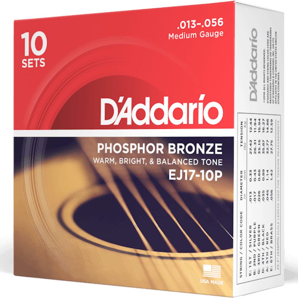 D'Addario EJ17 10P Phosphor Bronze 10 Sets Acoustic Guitar Strings Medium 13-56 Gauge