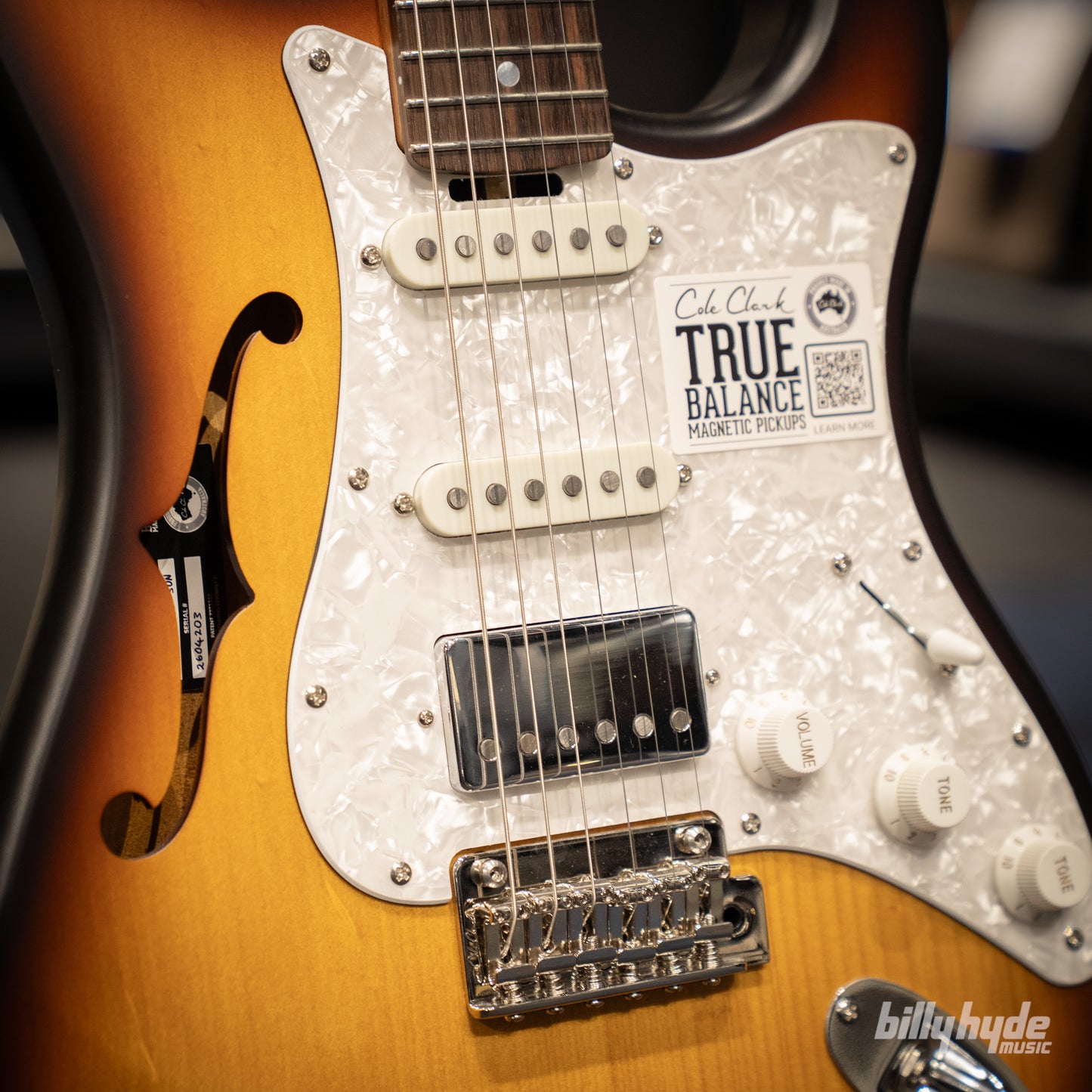 Cole Clark HB Hollow Baby, HSS, Mother of Pearl Pickguard in Sunburst