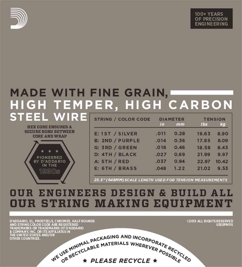 D'Addario EPN115 Pure Nickel Electric Guitar Strings Medium 11-48 Gauge