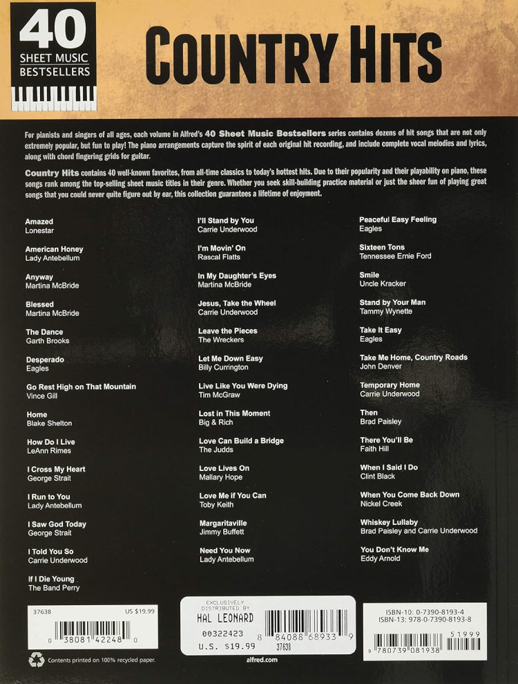 Country Hits 40 Sheet Music Bestsellers PVG
