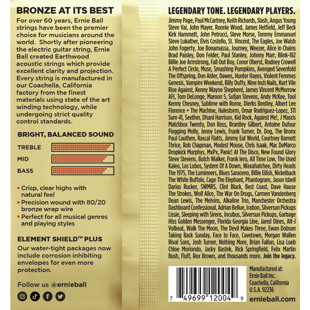 Ernie Ball EARTHWOOD LIGHT BRONZE ACOUSTIC GUITAR STRINGS 11-52 GAUGE