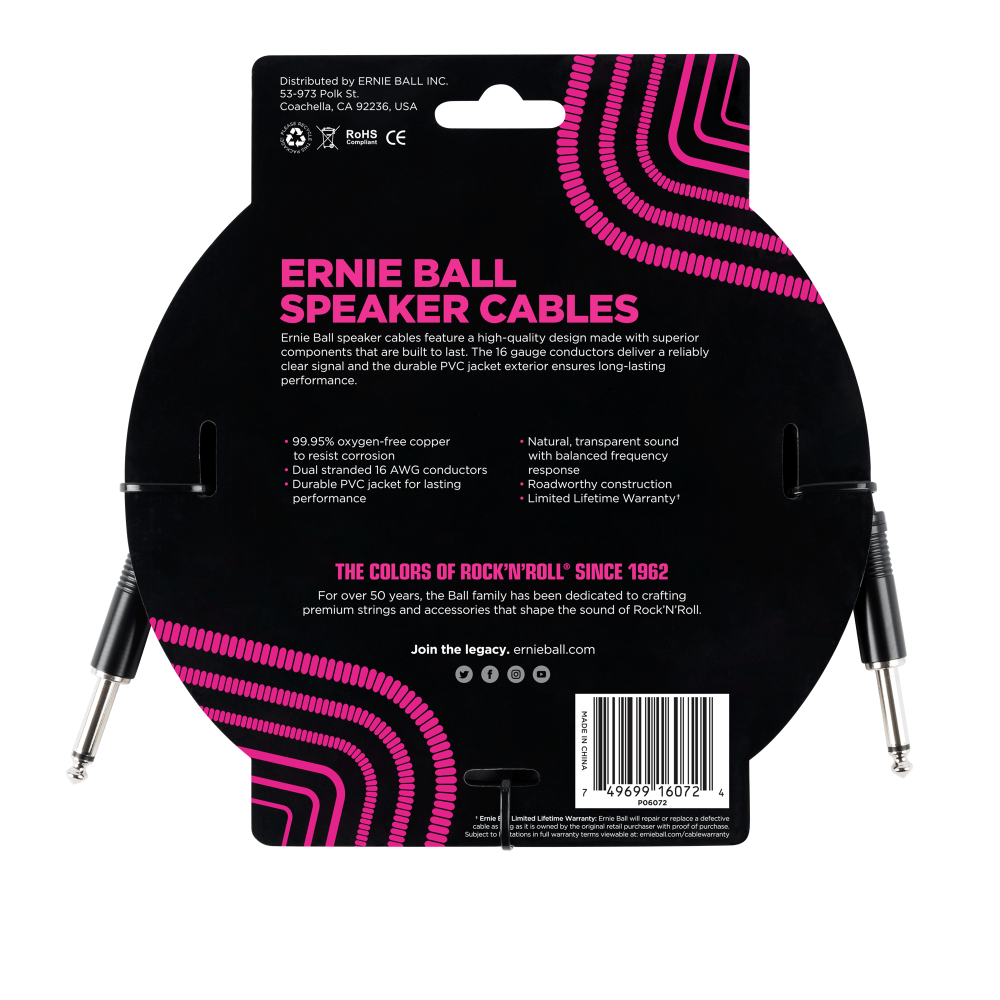 Ernie Ball Straight to Straight Speaker Cable 6-Ft in Black