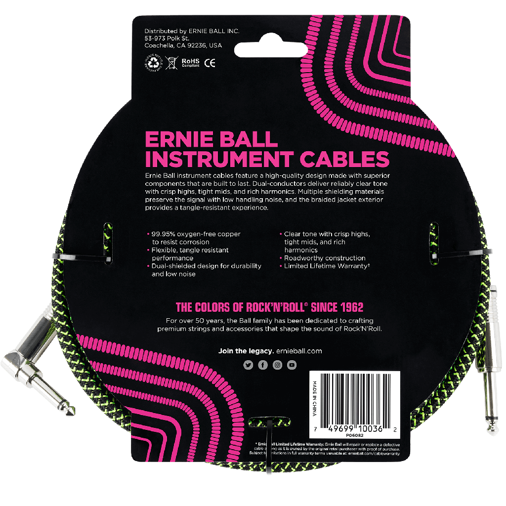 Ernie Ball 18' Braided Straight to Angled Instrument Cable in Black & Green