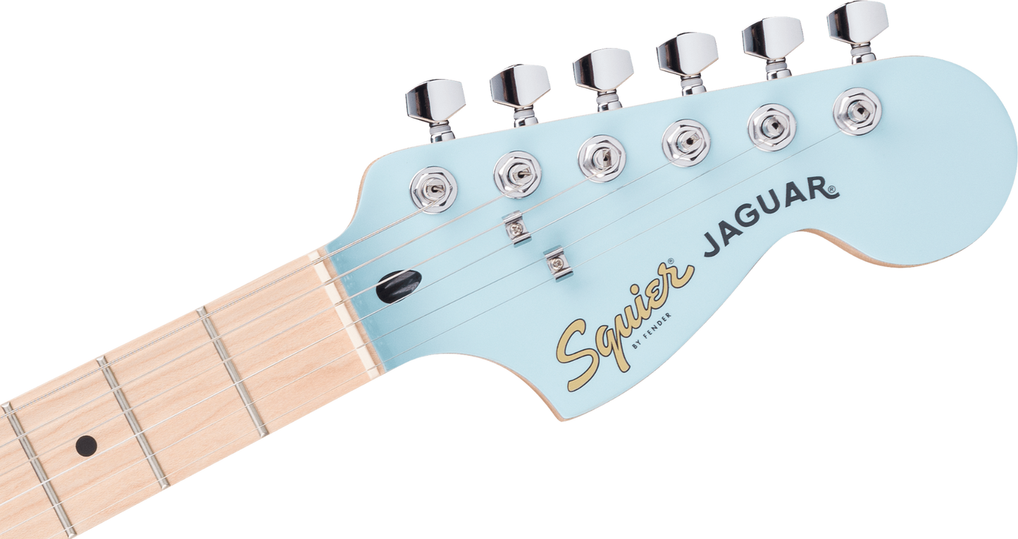 Squier FSR Affinity Series Jaguar, Maple Fingerboard, White Pickguard, Matching Headstock in Daphne Blue