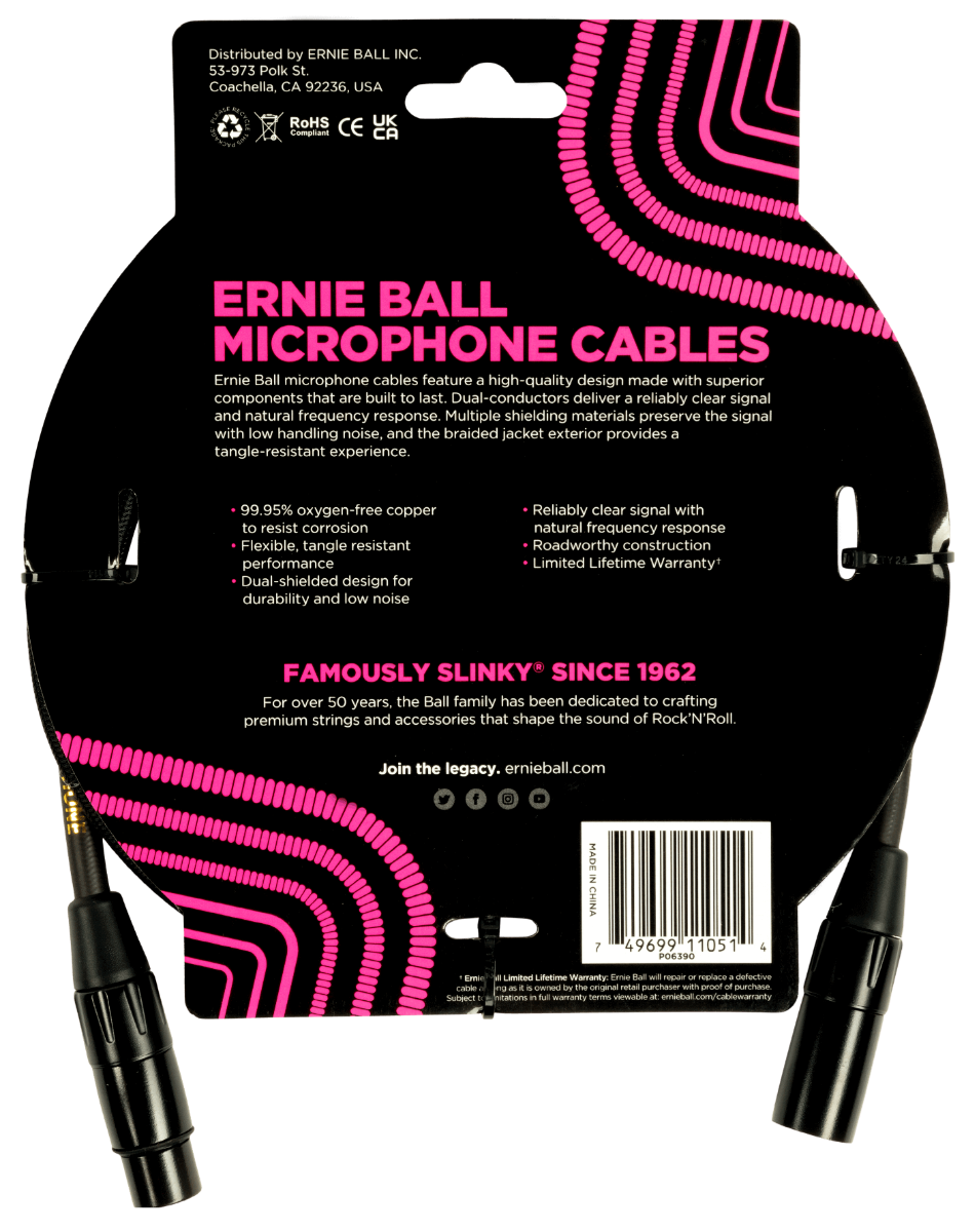 Ernie Ball 5ft Braided Male Female XLR Microphone Cable in Black