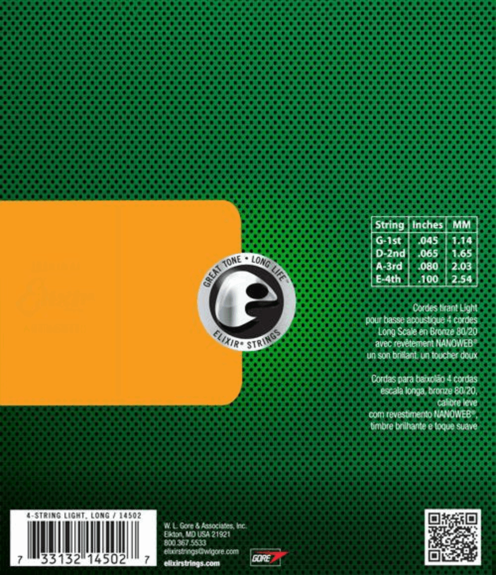 Elixir 14502 Bronze Acoustic Bass Strings Nano Light 45-100 Gauge