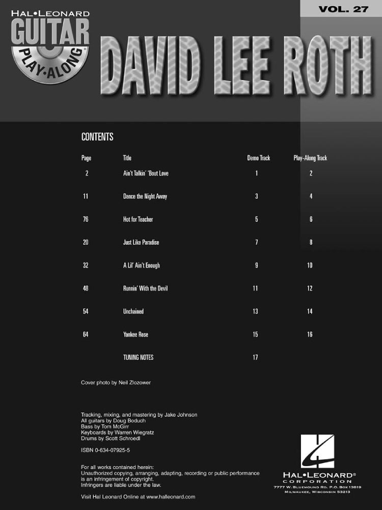 David Lee Roth Guitar Play Along Volume 27 Guitar Tab BK/CD