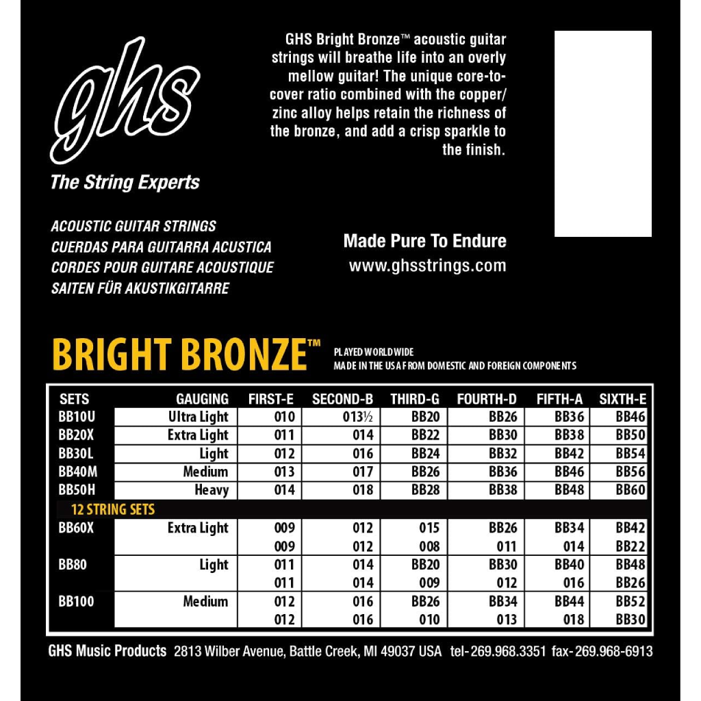 GHS BB10U Bright Bronze Acoustic Guitar Strings 10-46 Gauge