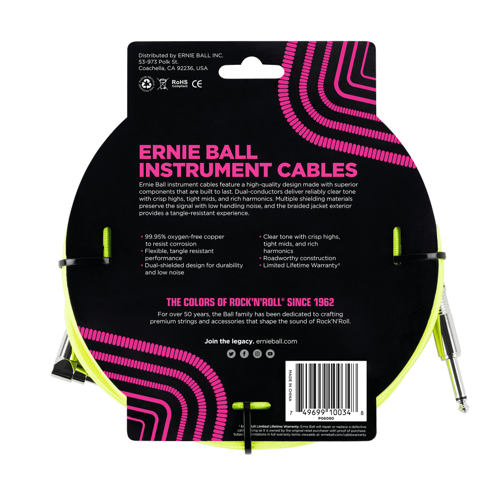 Ernie Ball Braided Straight to Angle Instrument Cable 10 foot in Neon Yellow
