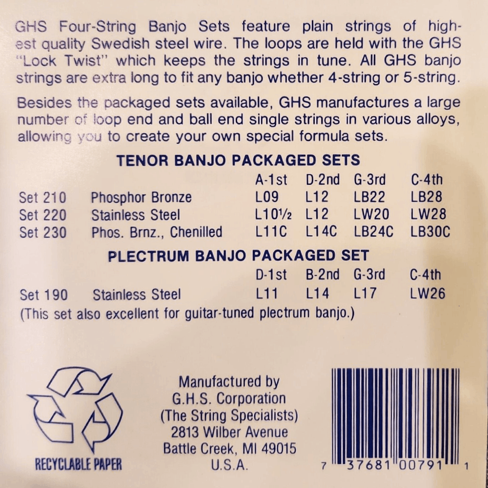 GHS 190 Plectrum Banjo 4 String 11-26 Gauge