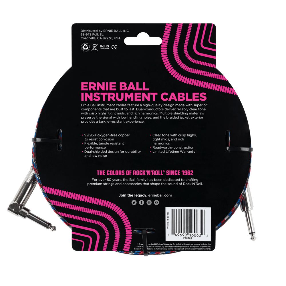 Ernie Ball P06063 Braided Straight to Right Angle Instrument Cable 25 foot in Black Red Blue White