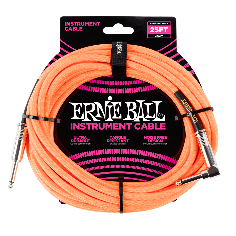 Ernie Ball Braided Straight to Angle Instrument Cable 25 foot in Neon Orange