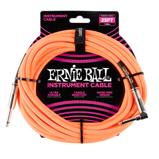 Ernie Ball Braided Straight to Angle Instrument Cable 25 foot in Neon Orange