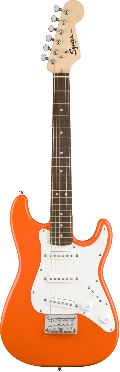 Squier FSR Mini Stratocaster, Laurel Fingerboard, White Pickguard in Competition Orange