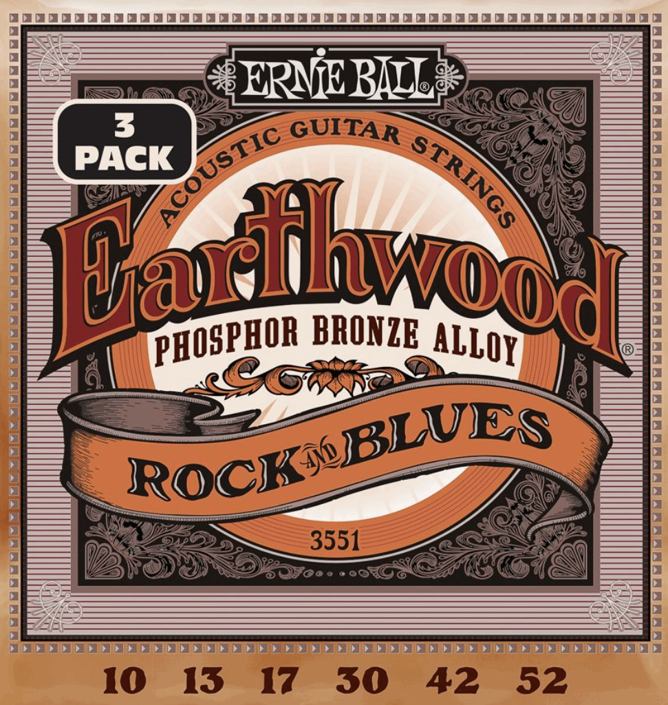 Ernie Ball Earthwood Rock & Blues Phosphor Bronze Acoustic Guitar Strings 3 Pk 10-52 Gauge