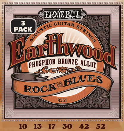 Ernie Ball Earthwood Rock & Blues Phosphor Bronze Acoustic Guitar Strings 3 Pk 10-52 Gauge