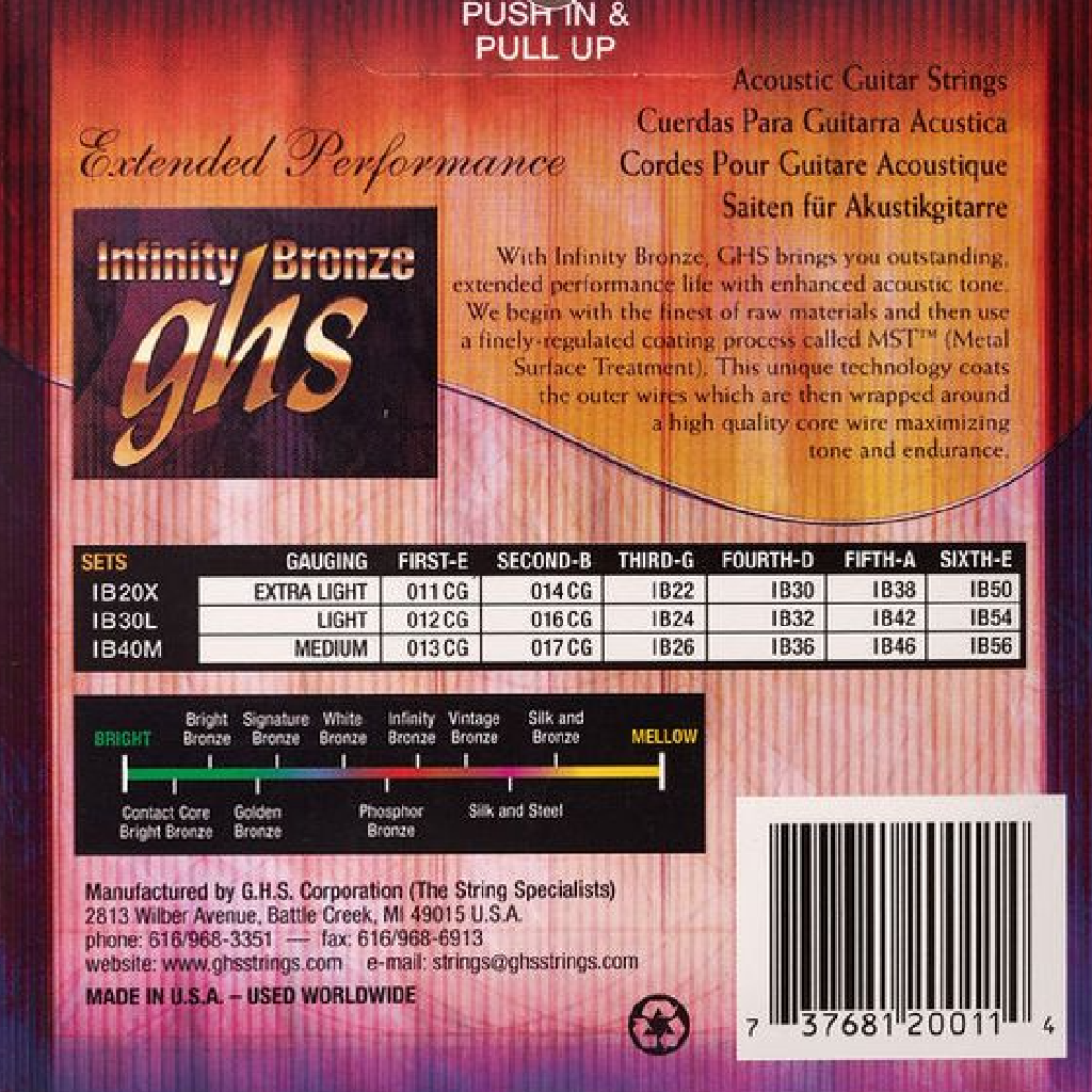 GHS IB30L Infinity Bronze Treated Acoustic Guitar Strings 12-54 Gauge