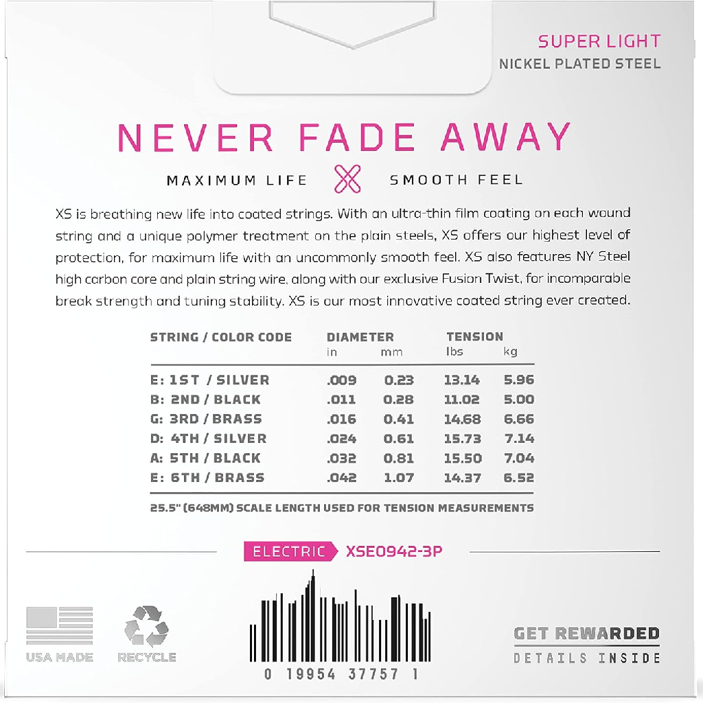 D'Addario XS Super Light Coated Electric Guitar Strings 3 Pack  09-42 Gauge