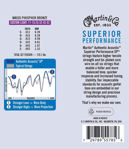 Martin Strings MA535 Authentic 92/8 Phosphor Bronze Acoustic Guitar Strings  Custom Light 11-52 Gauge