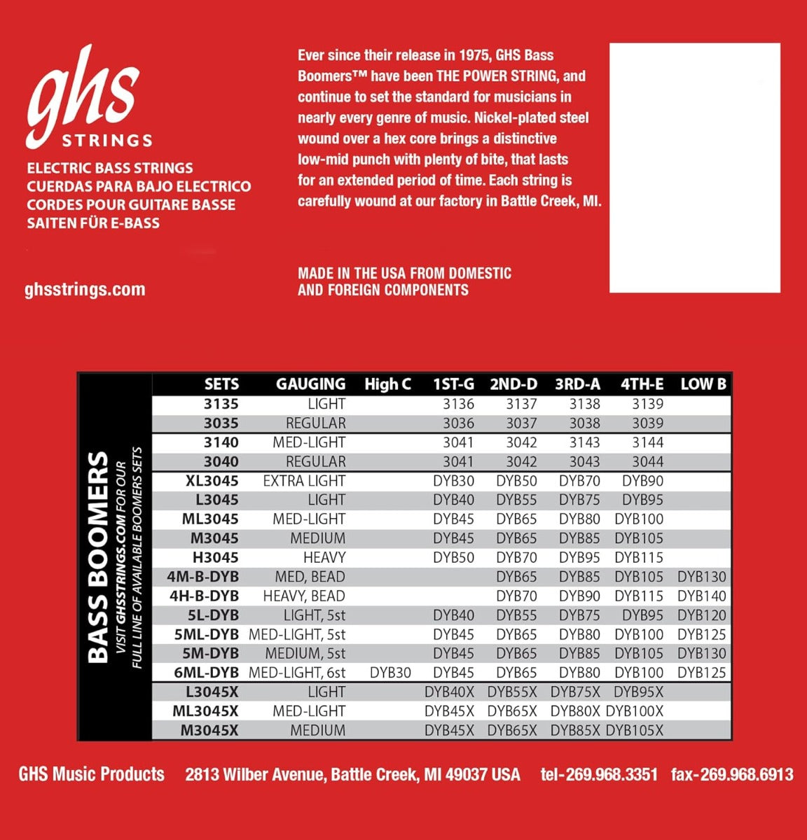 GHS L3045 4String  Bass Boomers Strings 40-95 Gauge