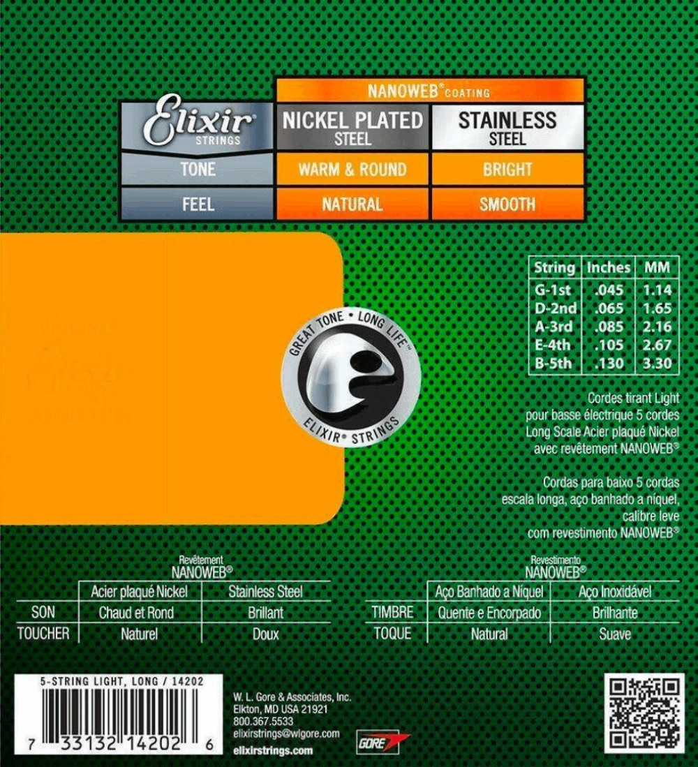 Elixir 14202 Bass Nano Nickel Plated Steel 5 String Lite 45-130 Gauge