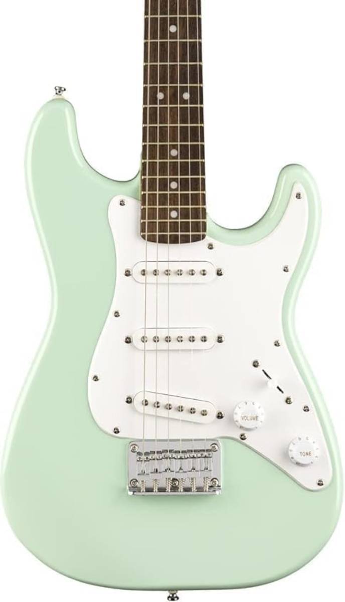 Squier FSR Mini Stratocaster, Laurel Fingerboard, White Pickguard in Surf Green