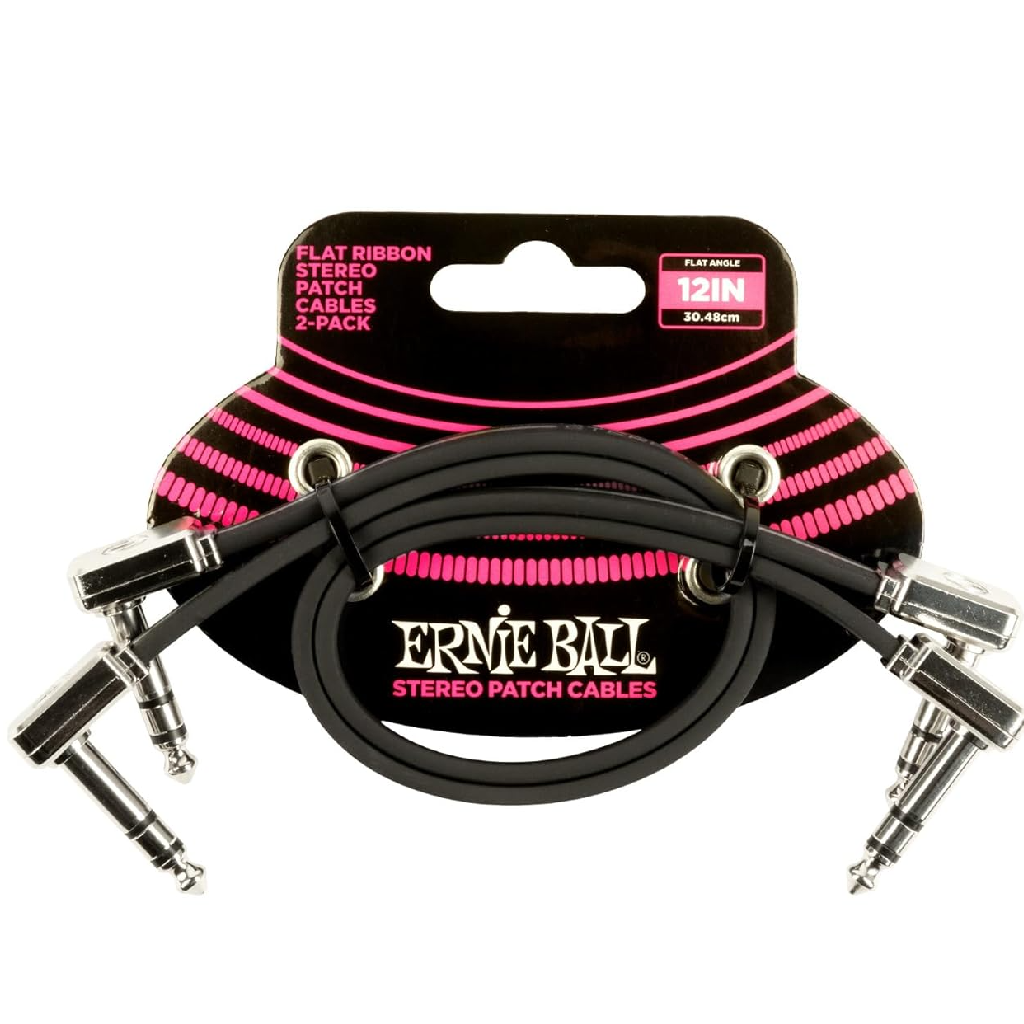 Ernie Ball 12” Flat Ribbon Stereo Patch Cable 2 Pack in Black