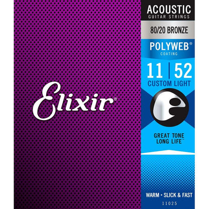 Elixir 11025 Polyweb 80/20 Bronze Acoustic Guitar Strings Custom Light 11-52 Gauge