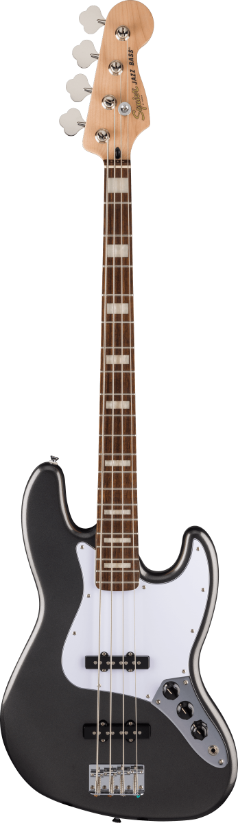 Squier FSR Affinity Series Active Jazz Bass, Laurel Fingerboard, White Pickguard in Charcoal Frost Metallic