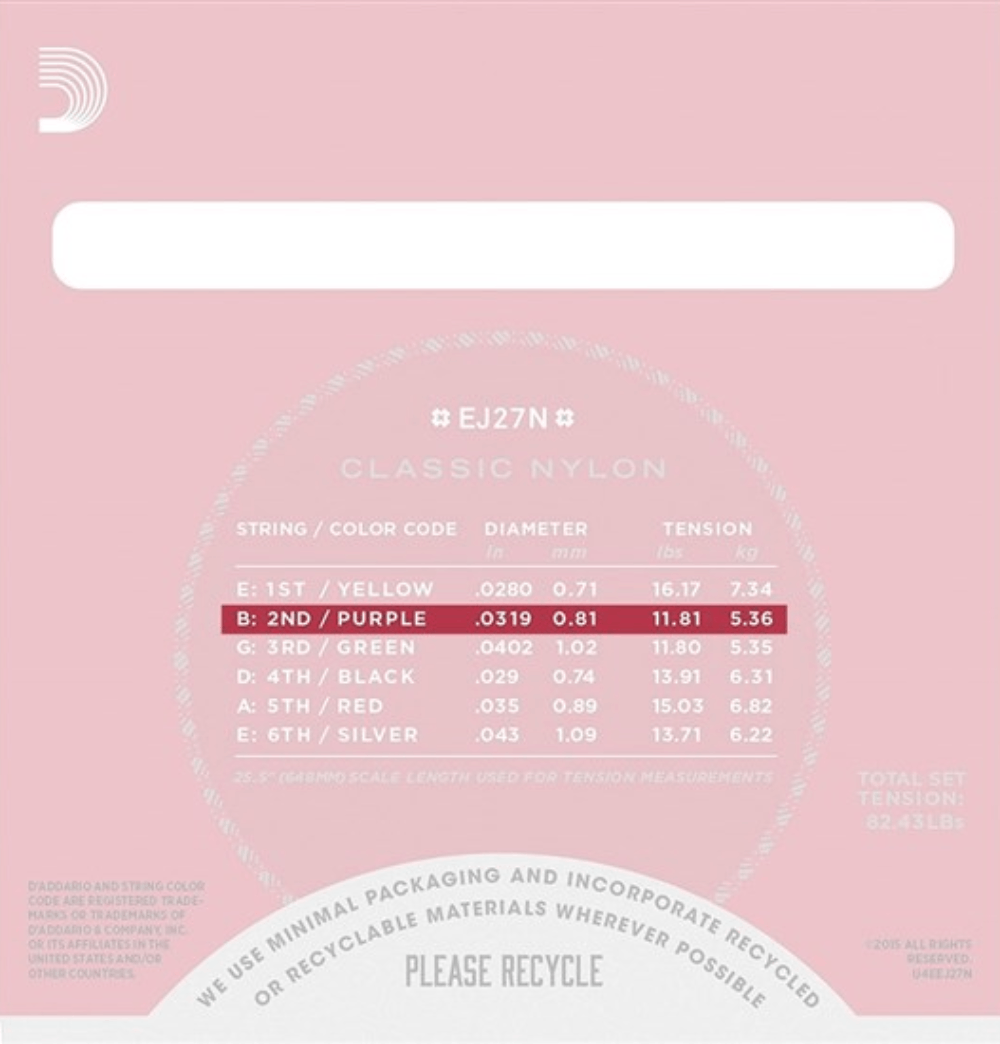 D'Addario  J2702 Student Nylon Normal Tension Classical Guitar Single 2nd String .032 Gauge