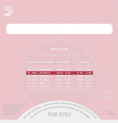 D'Addario  J2702 Student Nylon Normal Tension Classical Guitar Single 2nd String .032 Gauge