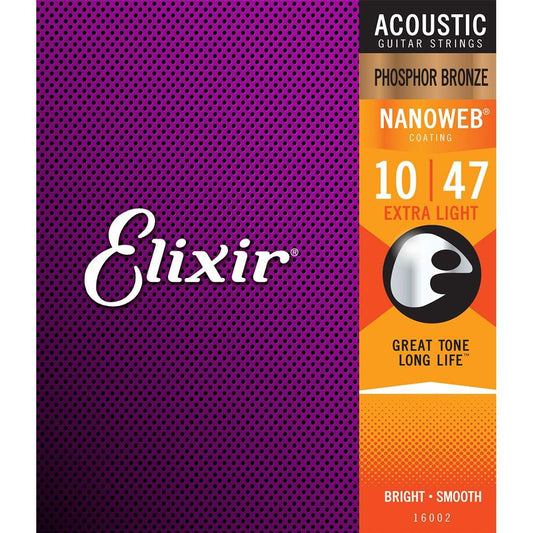 Elixir 16002 Nanoweb Phosphor Bronze Acoustic Guitar Strings Extra Light 10-47 Gauge