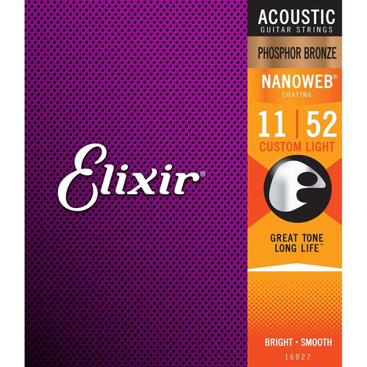 Elixir 16027 Nanoweb Phosphor Bronze Acoustic Guitar Strings Custom Light 11-52 Gauge