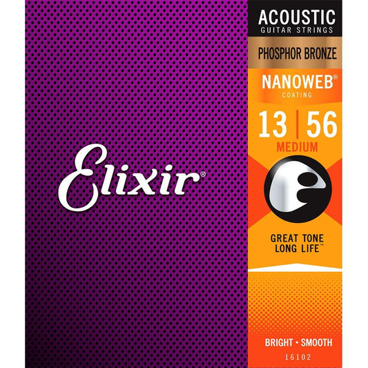 Elixir  16102 Nanoweb Phosphor Bronze Acoustic Guitar Strings Medium 13-56 Gauge