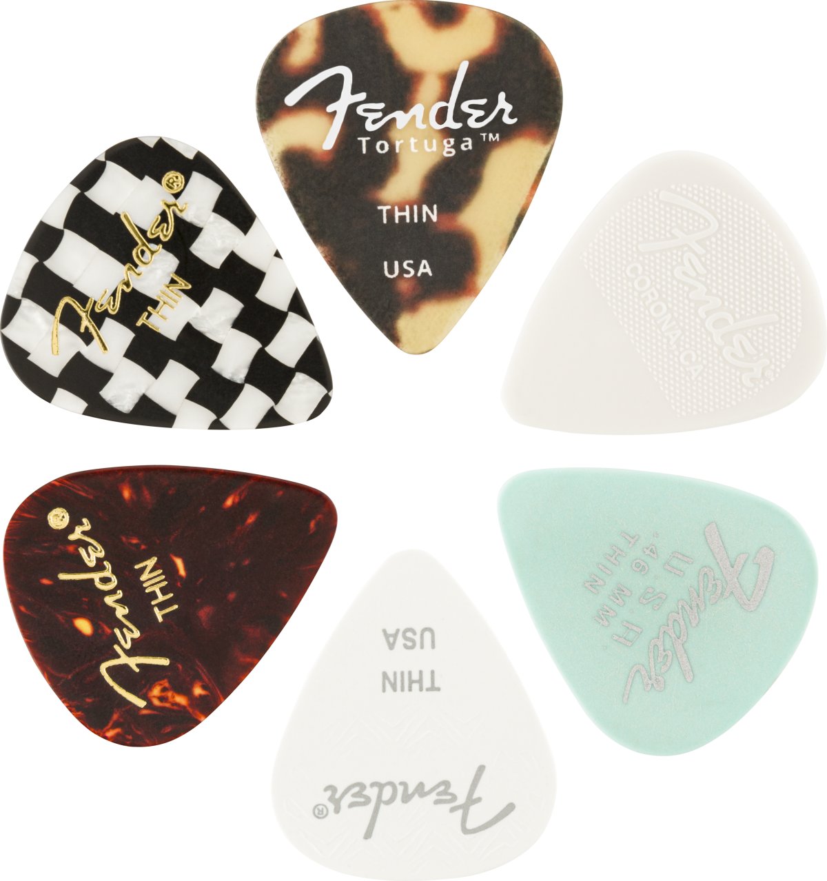 Fender 351 Material Medley Guitar Picks 6 Pack Thin in Multi Color