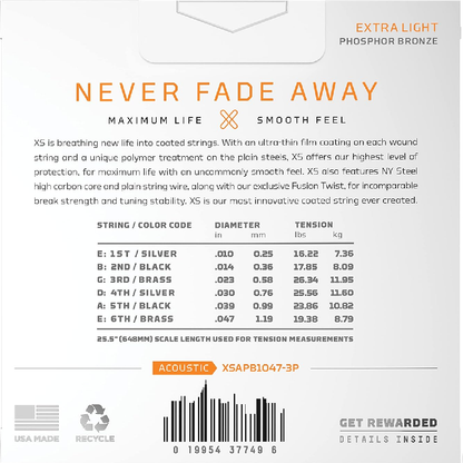 D'Addario XS Phosphor Bronze Extra Light Coated Acoustic Guitar Strings 3 Pack 10-47 Gauge